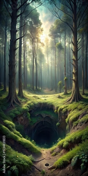 Fototapeta A mysterious earth pit with a dark and foreboding atmosphere