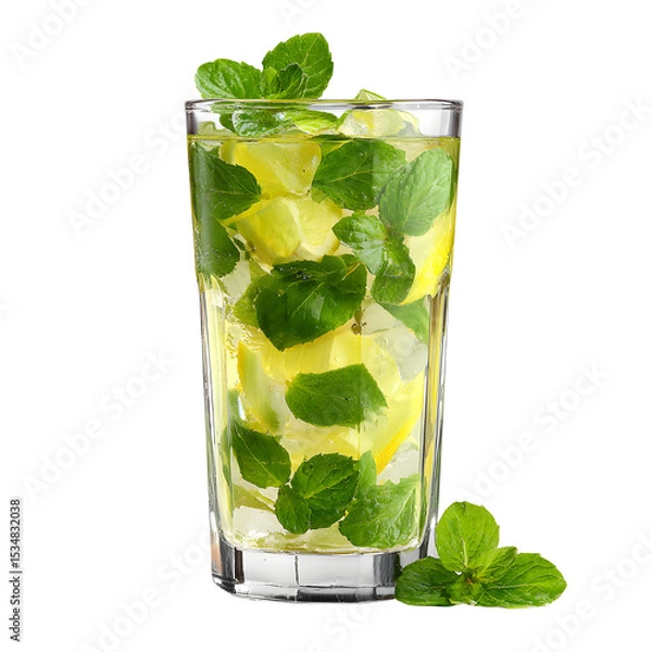 Fototapeta Refreshing lemon and mint drink with ice cubes in tall glass isolated on transparent background