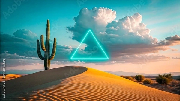 Obraz Glowing neon triangle above cactus in desert sand landscape with dramatic sky
