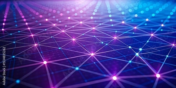 Obraz Digital glowing grid with neon points and connected lines in abstract technology network

