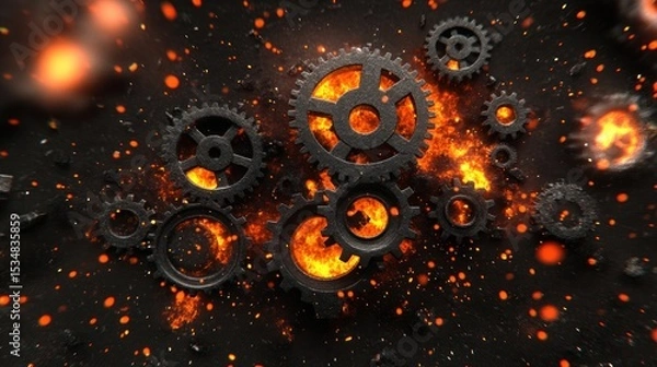 Fototapeta Metal gears surrounded by flames and sparks on a dark background.
