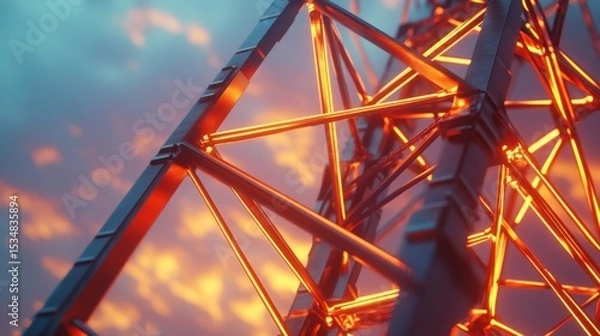 Fototapeta Metal structure, illuminated with warm orange light, against a dramatic sunset sky.  