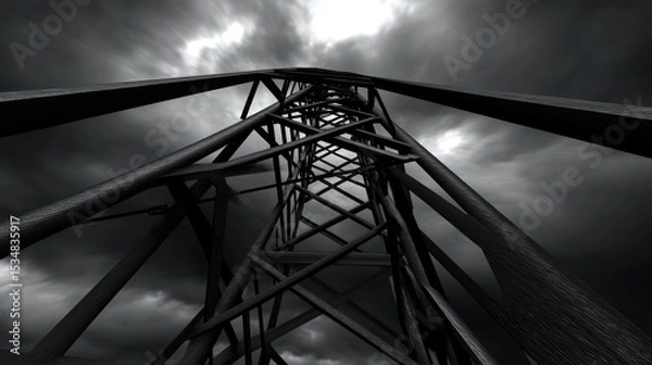 Fototapeta Metal tower structure reaching up to dramatic sky.