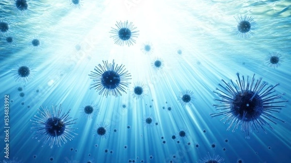 Fototapeta Microscopic organisms underwater, illuminated by sunlight.