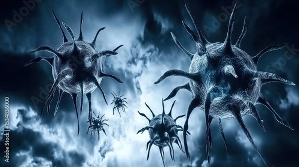 Fototapeta Microscopic pathogens against a stormy sky.  Detailed view of numerous microbes against a dramatic backdrop of dark, ominous clouds.