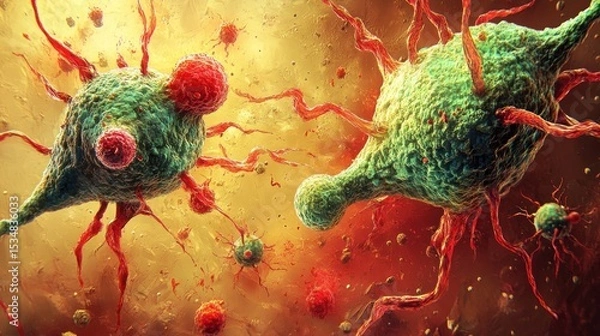 Fototapeta Microscopic view of battling cancer cells.  Immune system cells attacking malignant cells. biotechnology research,  science experiment,  biology,  