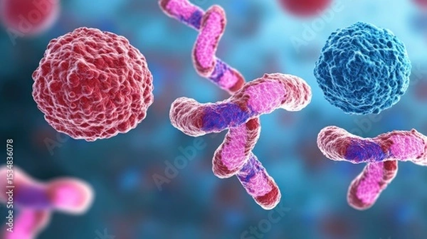 Fototapeta Microscopic view of various bacteria and viruses, showing complex structures and different colors.