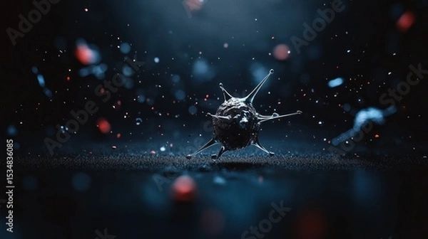 Fototapeta Microscopic virus, dark backdrop,  particles.