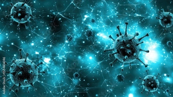 Fototapeta Microscopic viruses in a network of pathways.  Abstract illustration of viral particles and neural connections.