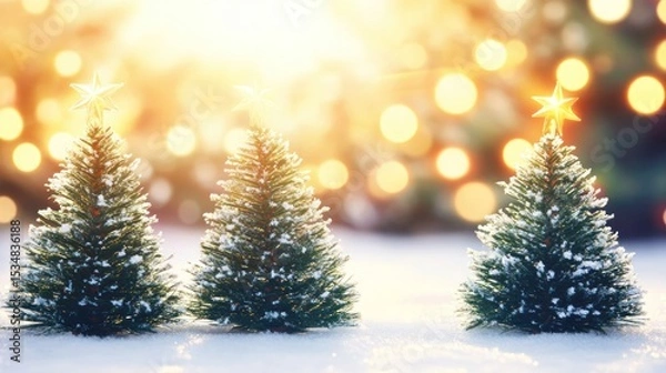 Fototapeta Miniature Christmas trees covered in snow, with golden lights bokeh in the background.