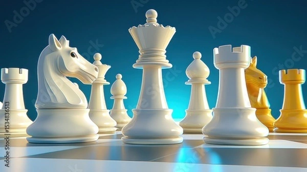 Fototapeta White chess pieces strategically positioned on a chessboard, facing yellow pieces.