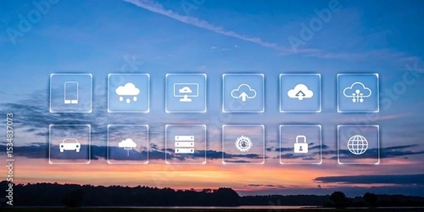 Obraz Futuristic transparent smart interface with cloud service icons over scenic sunset landscape
