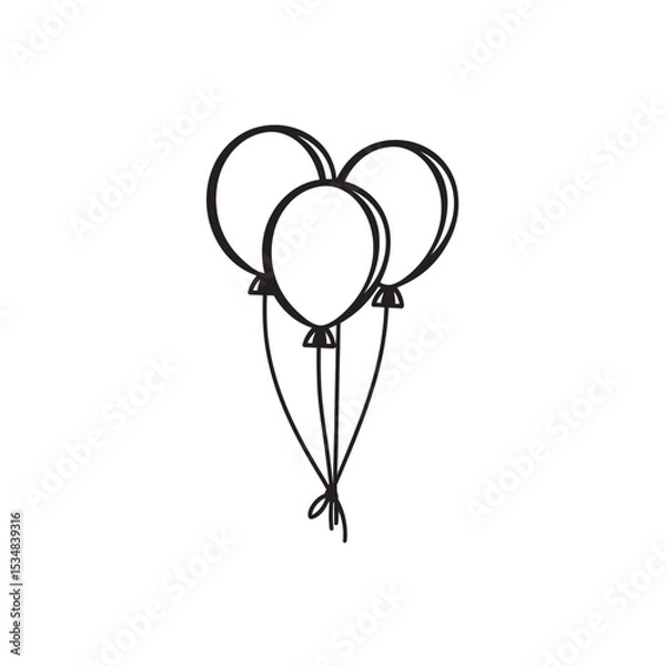 Fototapeta Line Drawing of Three Round Balloons Attached with Strings Isolated on White Background
