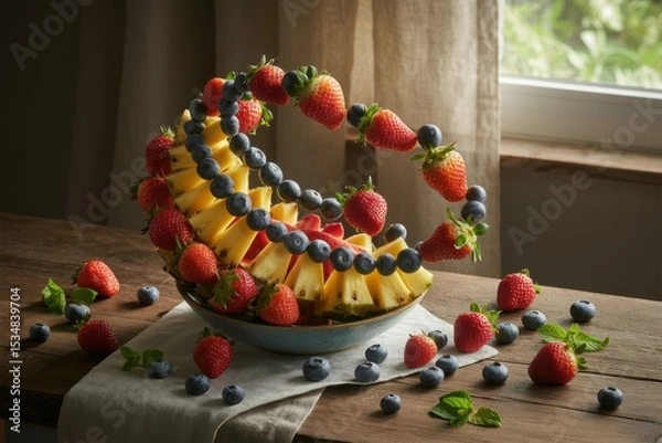 Fototapeta A photograph of a vibrant still life featuring an assortment of fresh fruits arranged in a whimsical spiral pattern