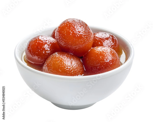 Fototapeta Traditional Indian gulab jamun sweet dessert in sugar syrup served in a white bowl isolated on transparent background