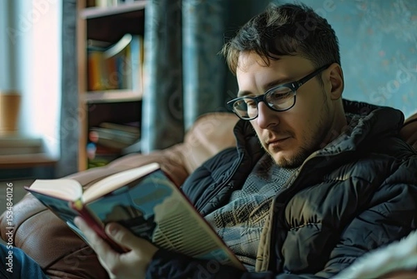 Fototapeta Pixel Perfect Picture of Side View of Man Wearing Glasses and Reading Book on Sofa
