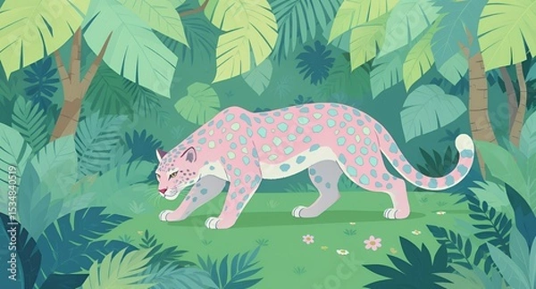 Fototapeta Pixelated Pink Jaguar with Blue Spots in Green Jungle Illustration Detailed Pixel Art of Prowling Animal amidst Dense Foliage Vibrant Tropical Wildlife Scene with Stylized Design