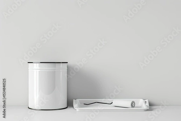 Fototapeta Ultra Quality Image of White Metal Can with Paint Roller Tray and Paint Roller Painting Tools