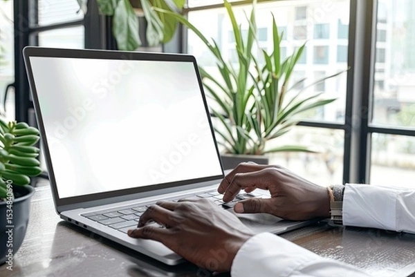 Fototapeta Mockup Image of a Man Using and Touching on Laptop Touchpad with Blank White Desktop Screen