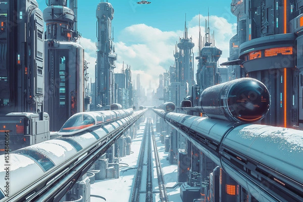 Fototapeta Futuristic pods and levitating trains glide through a sleek blue megacity in visionary transport design.