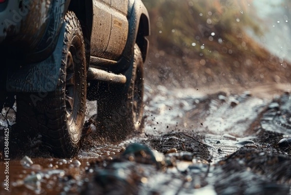 Fototapeta Pixel Perfect Image of CloseUp of OffRoad Vehicle Driving Through Muddy Trail