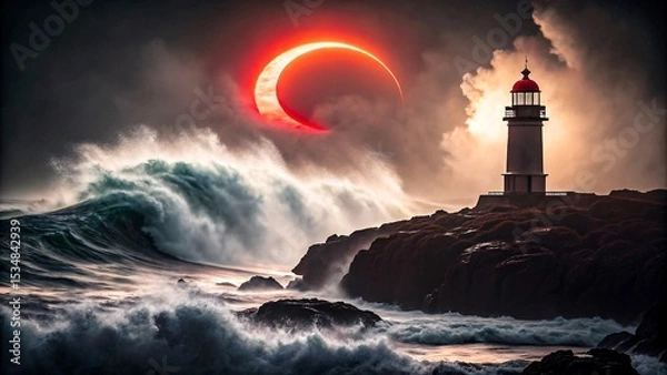 Obraz Dramatic lighthouse on rocky shore with crashing waves under glowing solar eclipse sky
