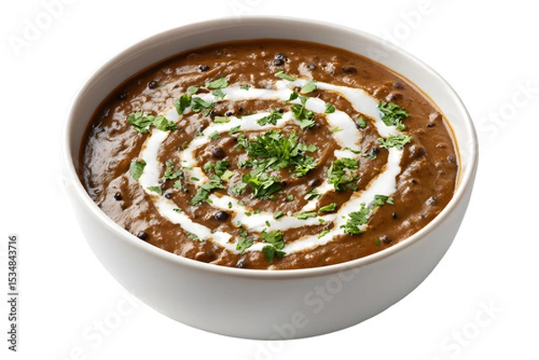 Fototapeta Traditional Indian dal makhani served in white bowl garnished with cream and fresh coriander leaves isolated on transparent background