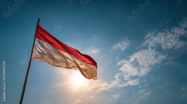 Obraz National flag flying high against sunlight and clear sky