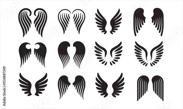 Obraz Set of Various Black and White Angel Wing Designs, a collection of diverse angel wing silhouettes in a simple, clean design vector art on white