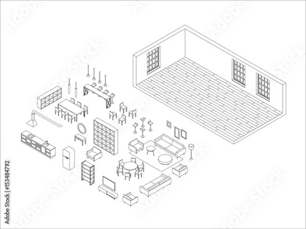 Fototapeta Line furniture set in isometric view