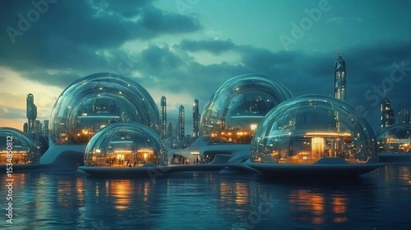 Fototapeta Futuristic cityscape with transparent domes on water reflecting a twilight sky