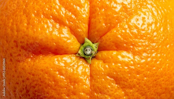 Fototapeta extreme close-up top view of fresh orange peel texture with stem detail, vibrant citrus fruit skin for natural and healthy background
