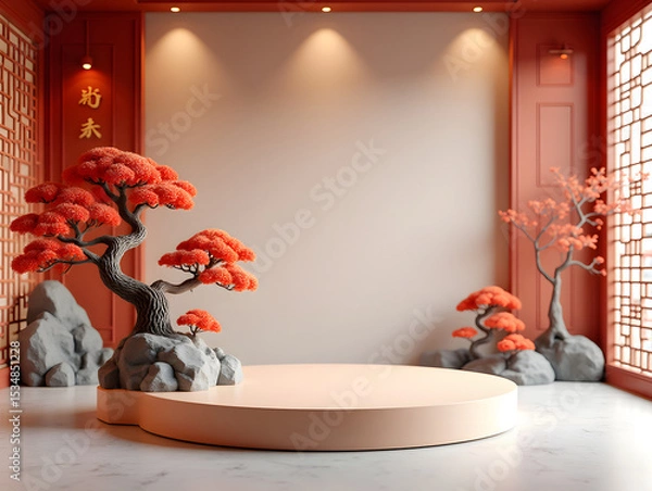 Fototapeta 3D rendering modern Chinese style e-commerce product exhibition stand, e-commerce concept illustration