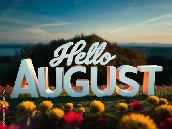 Fototapeta A field of flowers featuring the text "hello August" prominently displayed