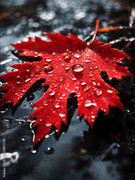 Fototapeta Close up realistic image of red maple leaf with water drops