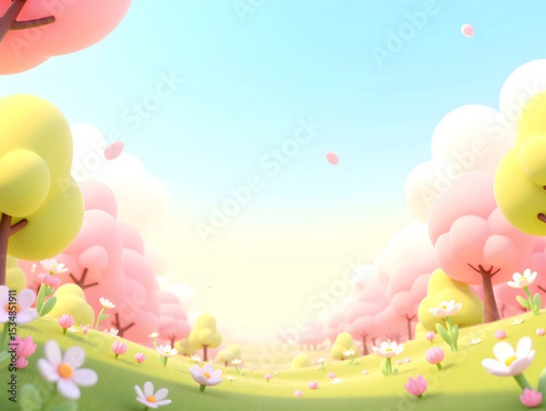 Fototapeta Cartoon spring outing and green plant scenery illustration, Beginning of Spring concept scene illustrationCartoon spring outing and green plant scenery illustration, Beginning of Spring concept scene 