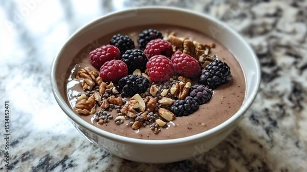 Fototapeta Delicious and Healthy Breakfast Bowl with Berries, Nuts and Chia Seeds