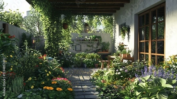 Fototapeta Enchanting garden scene with vibrant flowers and lush greenery under a wooden pergola