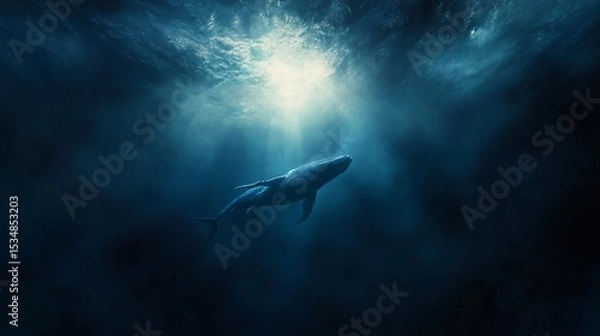 Fototapeta Humpback whale gracefully swims through a sunlit patch of ocean deep below the surface