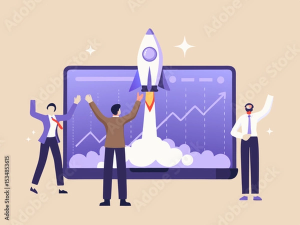 Fototapeta Business Startup Launch Team Celebrating Successful Rocket Launch and Business Growth Represented by Upward Trending Graph on Laptop Screen
