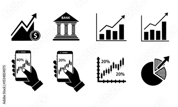 Fototapeta  Financial Growth and Mobile Trading Interface Icons. Monochrome icons depicting financial growth, banking, and mobile interfaces for stock market trading.