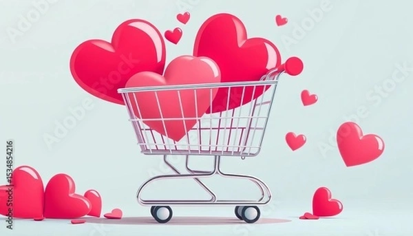 Obraz A cartoon flat illustration of a shopping cart with large hearts, representing a romantic sale , minimal, hearts