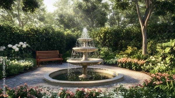 Fototapeta Serene Garden Oasis with Flowing Fountain and Blooming Flowers in Daylight