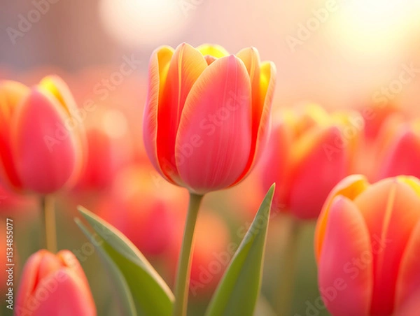 Fototapeta Beautiful tulip bouquet and bokeh background, Thanksgiving Mother's Day concept illustration