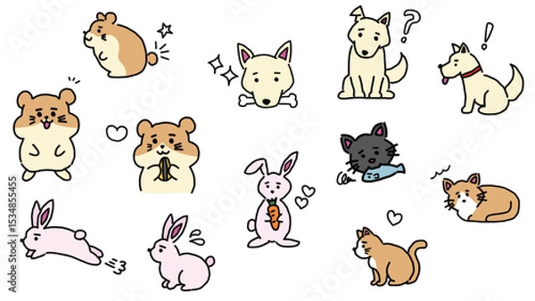 Obraz かわいい手描きのペットたち。動物と感情表現のイラストセット