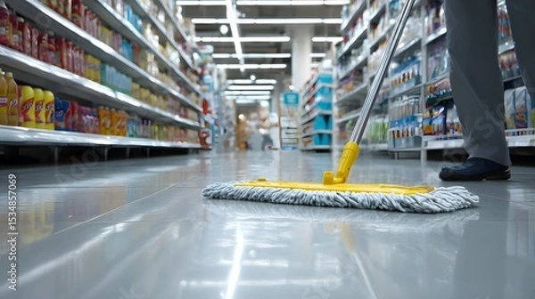 Fototapeta Person diligently cleaning the floor of a supermarket aisle to maintain a safe and neat shopping environment