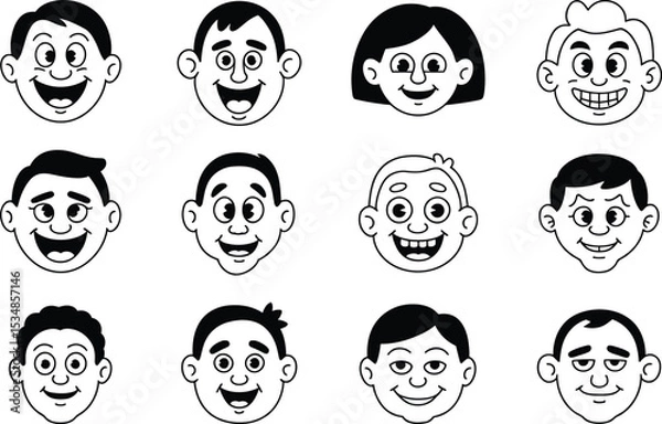 Fototapeta Cartoon head icons collection depicting various smiling faces and diverse expressions for graphic design