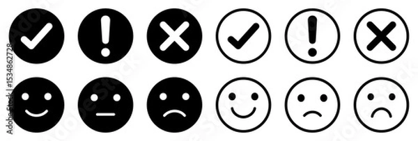 Obraz Black and white emoji icons with check, exclamation, and cross symbols. Vector illustration. Includes happy, neutral, and sad face expressions in solid and outline circle styles.