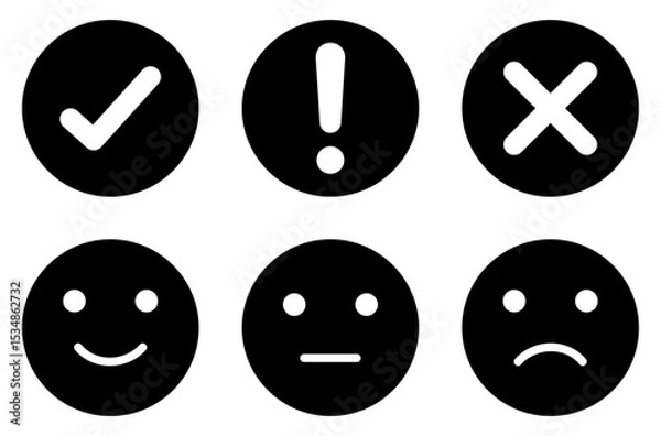 Obraz Solid black emoji icons with check, exclamation, and cross signs. Flat black emoji icon set featuring checkmark, exclamation, and cross symbols with happy, neutral, and sad face expressions.