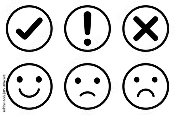 Obraz Outlined emoji icons with check, exclamation, and cross symbols. Includes happy, sad, and neutral expressions in thin circular stroke design. Vector illustration on white background.